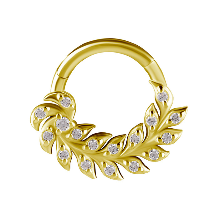 Piercing ring clicker - 18K gold leaf with white zirconia - GD18K-065