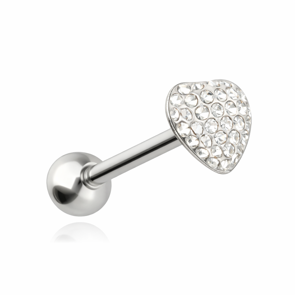 Tongue barbell white heart with crystals - KJ-057