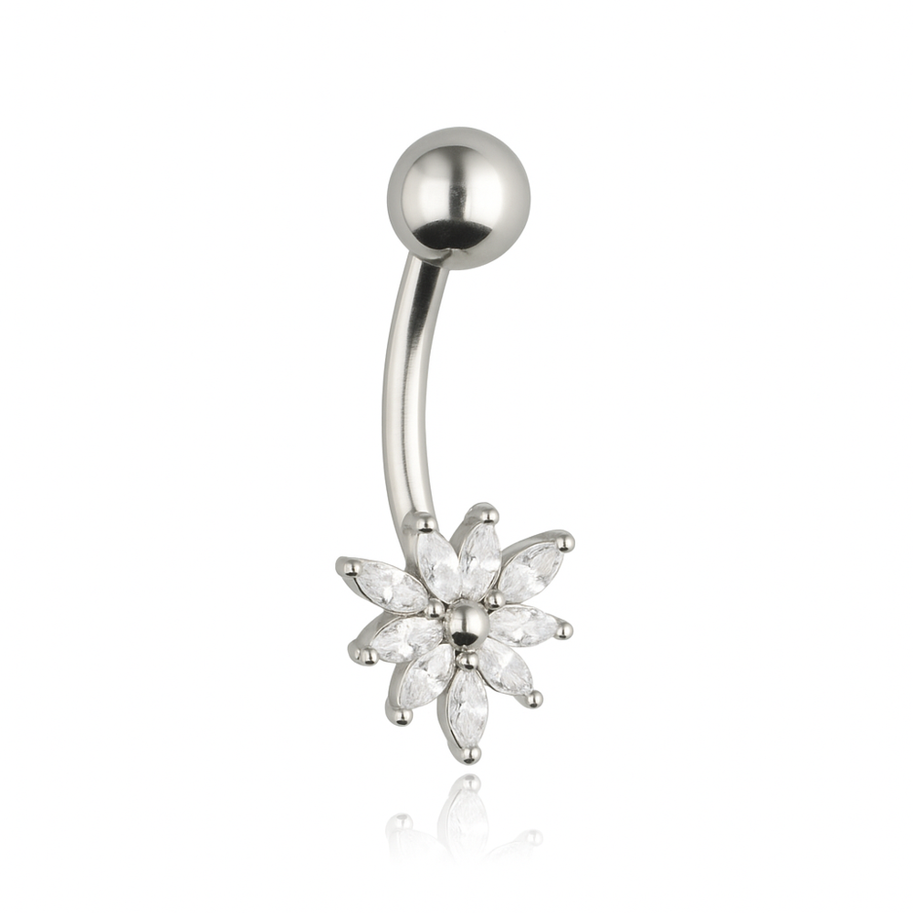 Belly button ring with white cubic zirconia - silver - KP-035