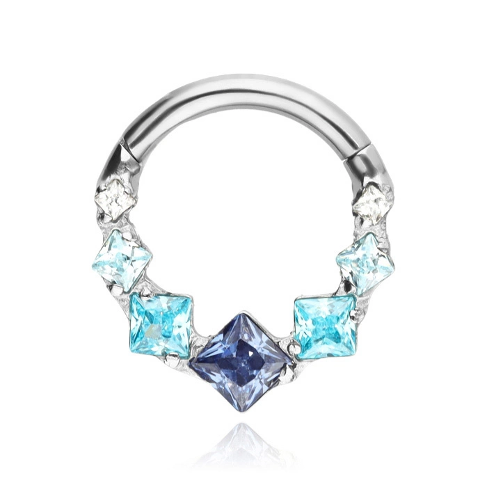 Titanium earring clicker with blue zircons - silver - TK-099