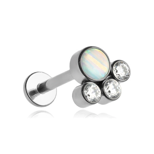 Titanium ornamental labret - light blue opal and white cubic zirconia - TGW-048