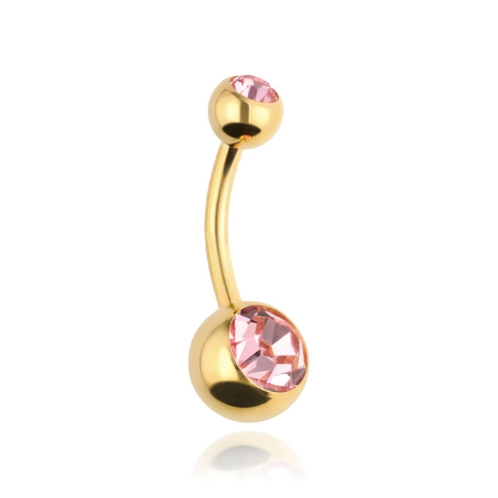 Titanium belly button ring with pink crystals - gold - TPP-005