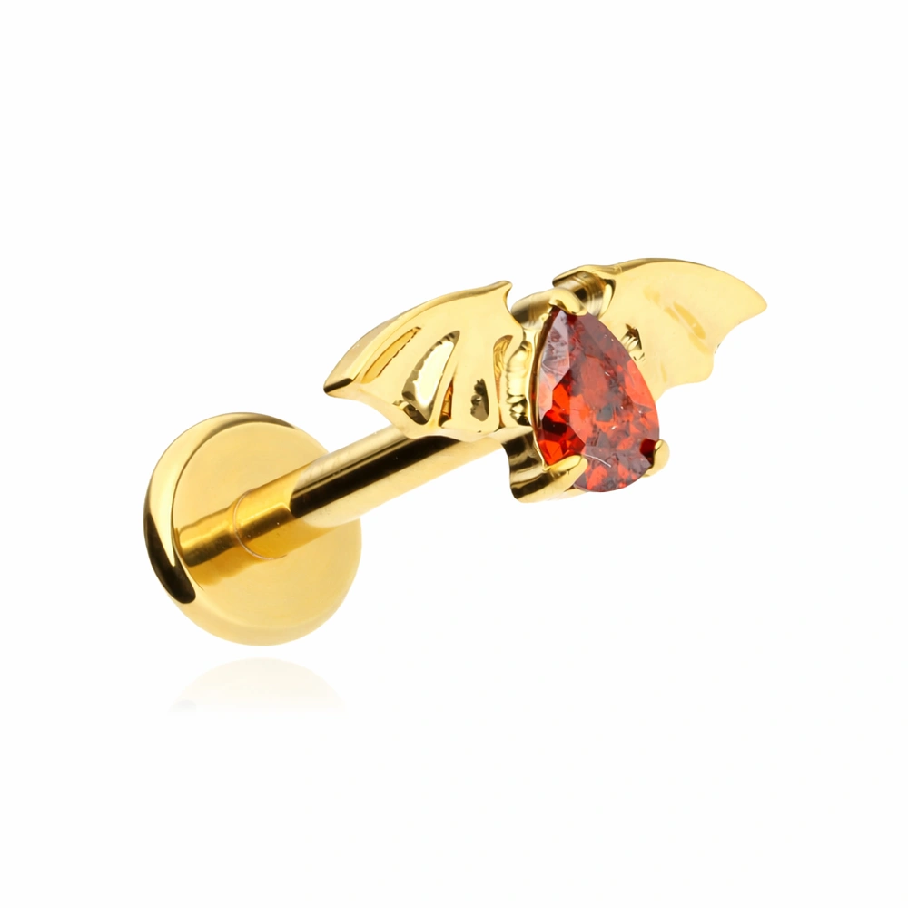 Titanium labret bat with red zirconia - gold