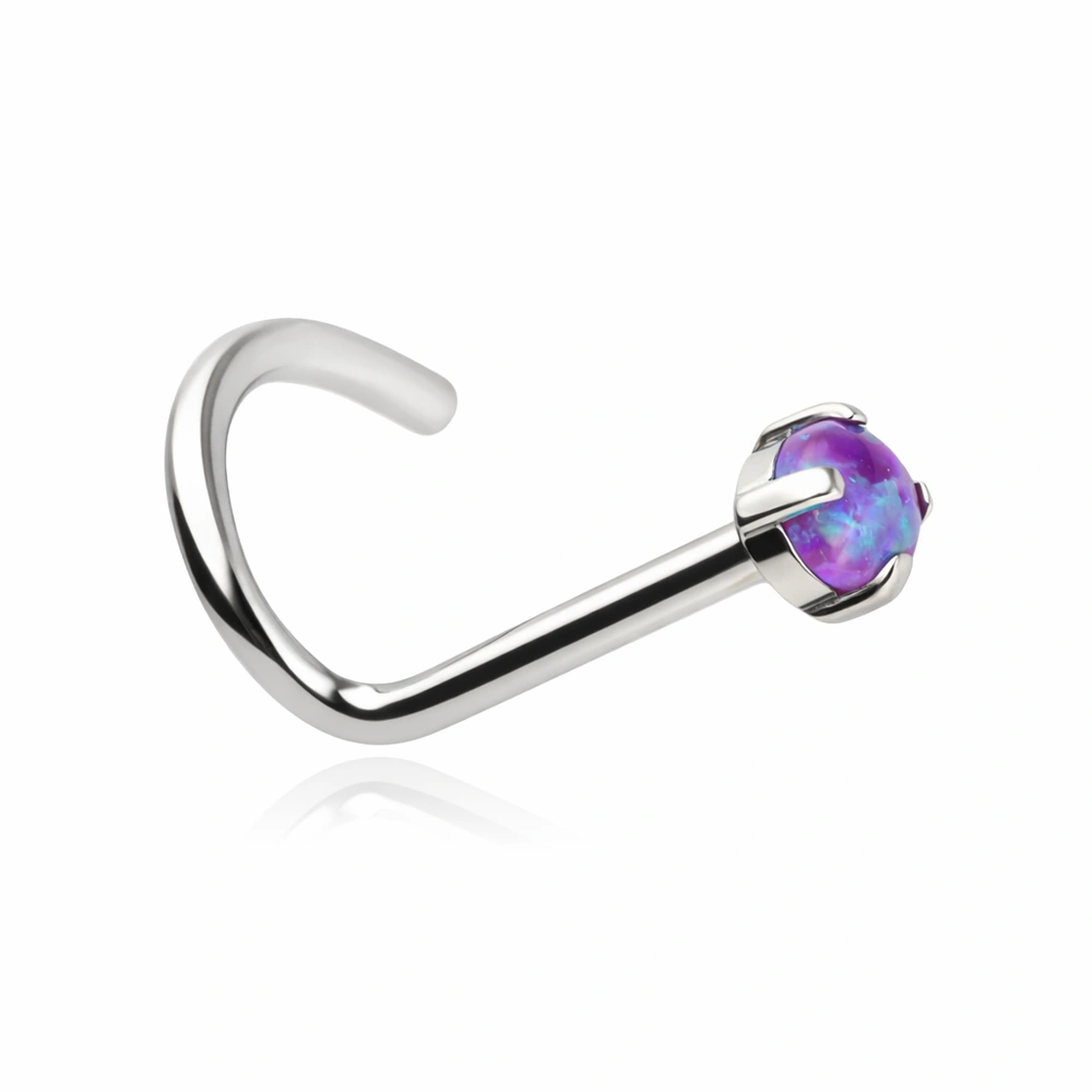 Titanium nose screw with purple opal OP52 - silver - TN-005