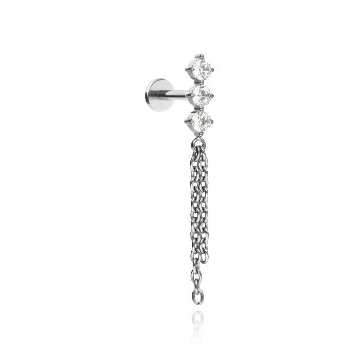 Titanium labret with white cubic zirconias and chains - silver