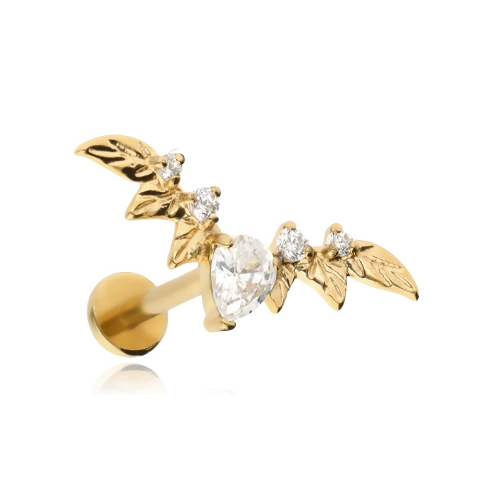 Titanium labret cluster leaves with white zircons - silver- gold