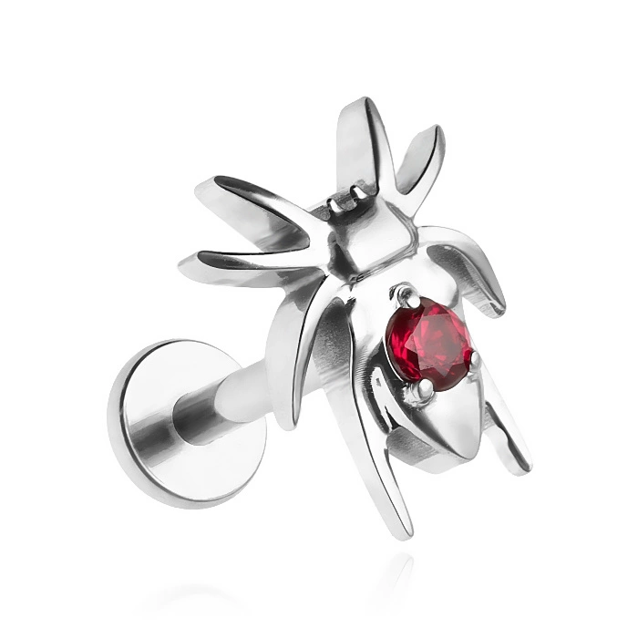 Titanium labret earring spider with red zirconia - silver - TGW-140