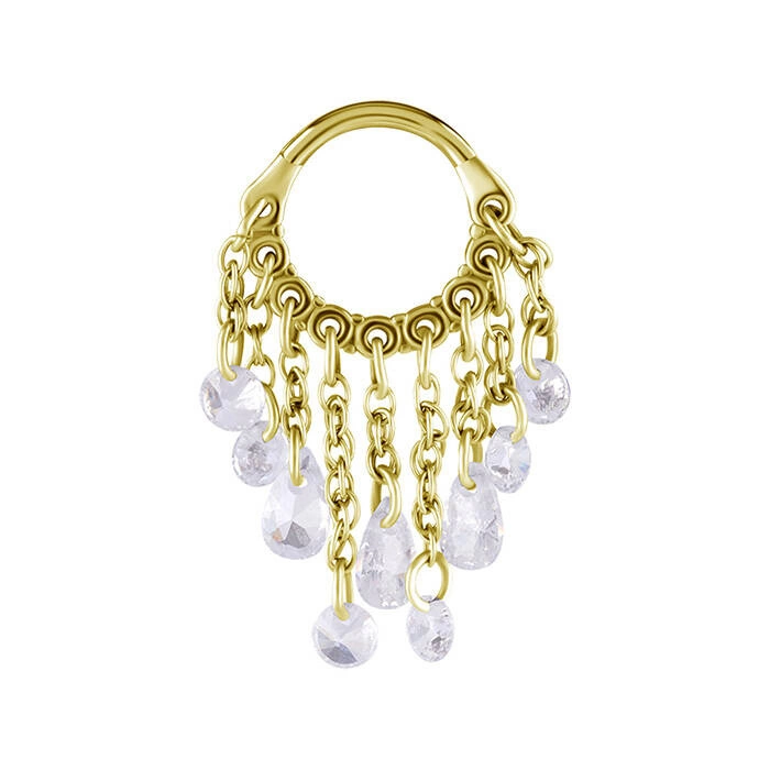 Piercing ring clicker with chains and white zircons - gold - K-065