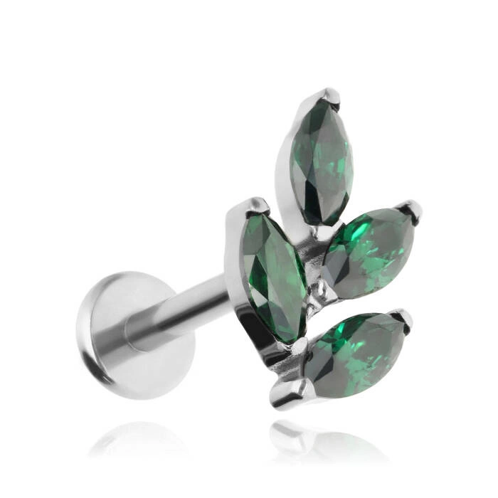 Titanium labret leaves with green zircons - sterling silver