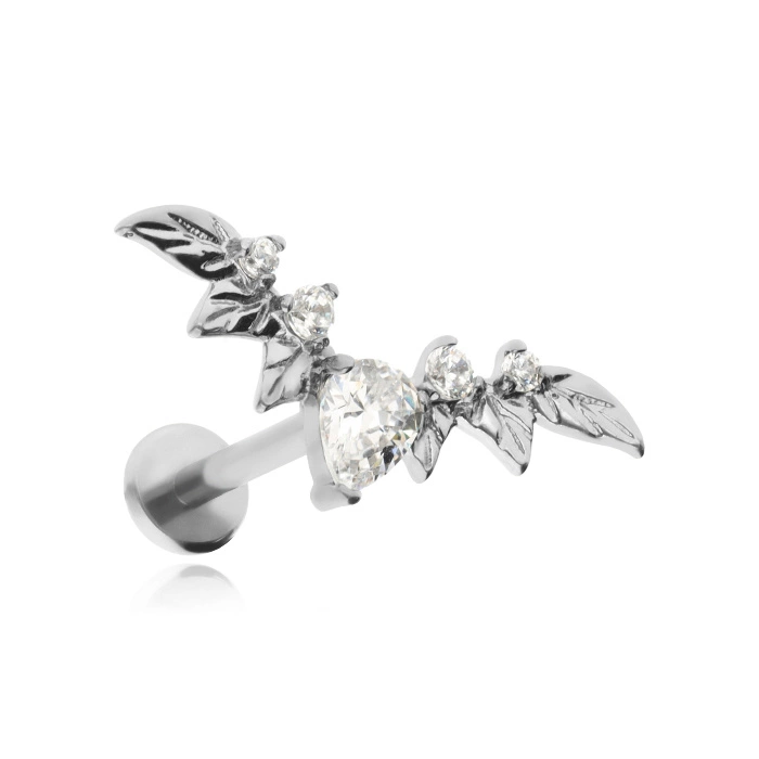 Titanium labret cluster leaves with white zircons - silver- silver