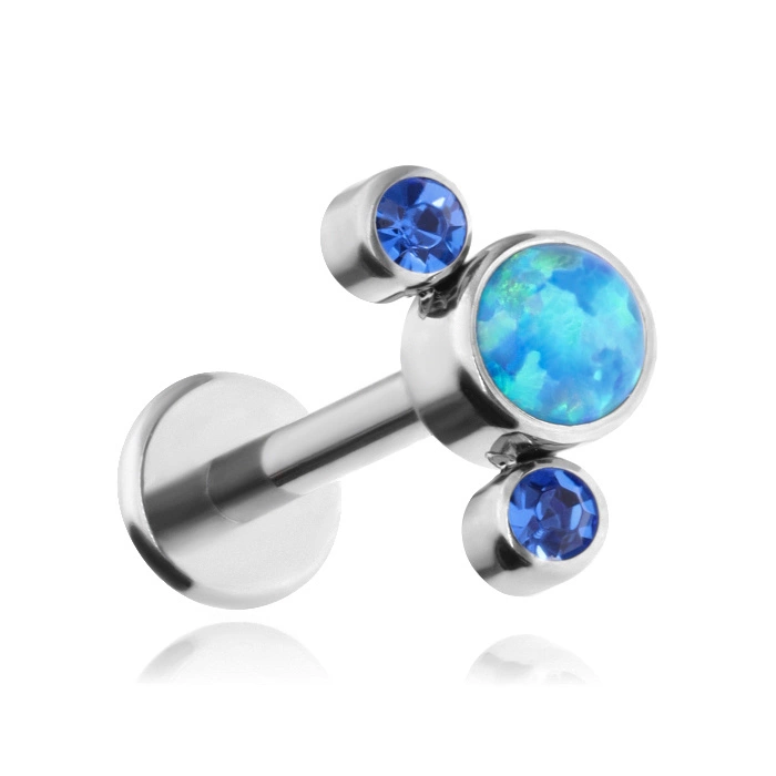 Titanium labret with blue opal OP05 and dark blue crystals - silver