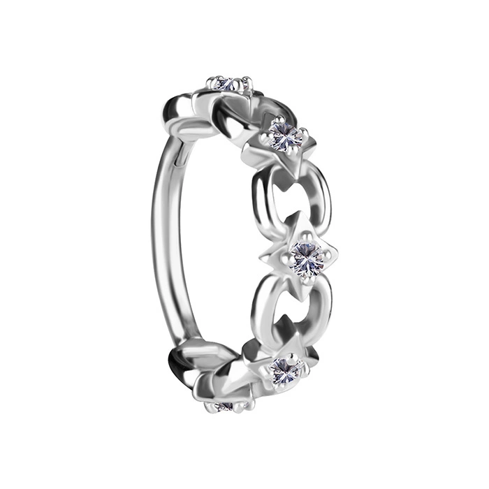 Piercing ring clicker decorative with white zircons - CoCr NF - silver - K-071