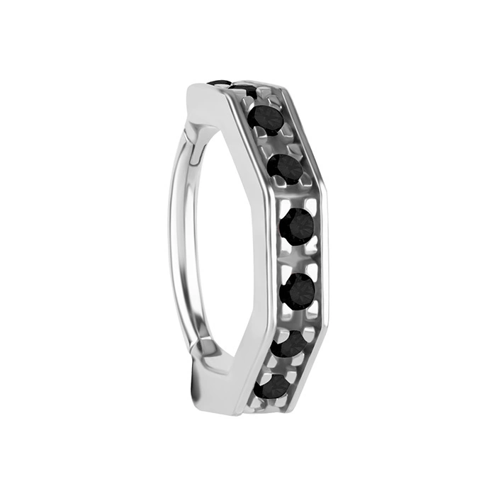 Piercing ring clicker decorative with black zircons - CoCr NF - silver - K-076