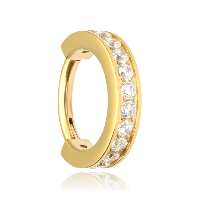 Titanium piercing ring clicker with white zircons - gold - TK-095