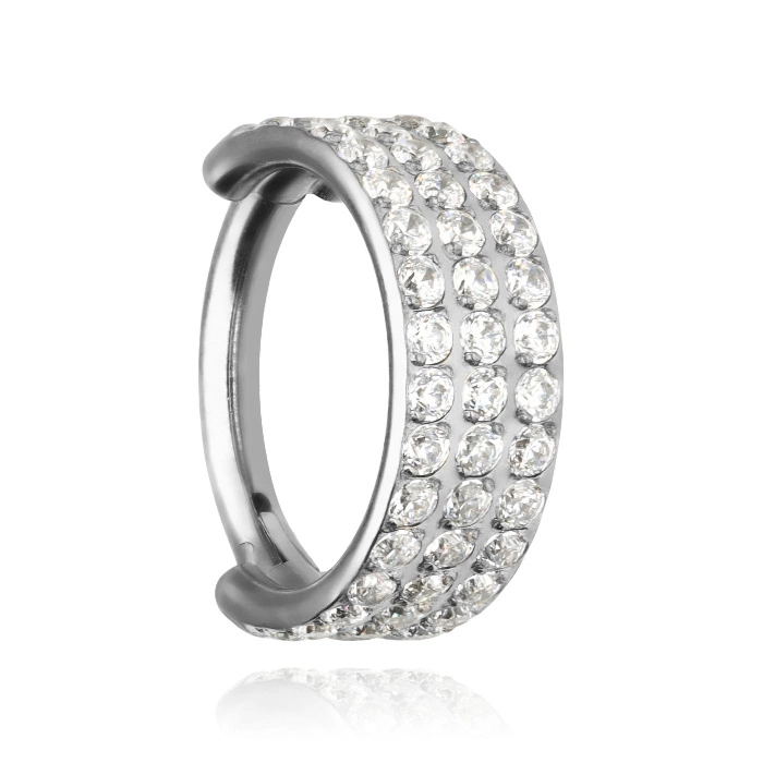 Titanium piercing ring clicker with three rows of zirconia - silver - TK-040