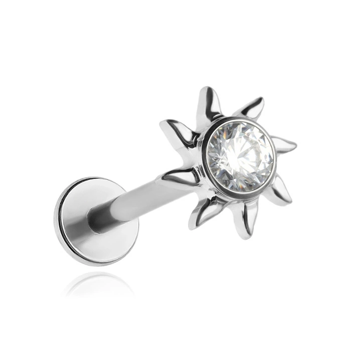 Titanium labret sun with white zirconia - silver