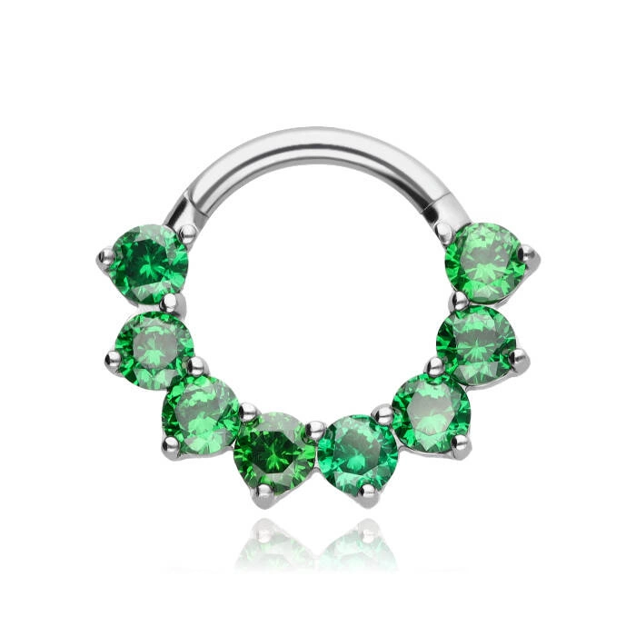 Titanium piercing clicker with green zircons - silver - TK-032