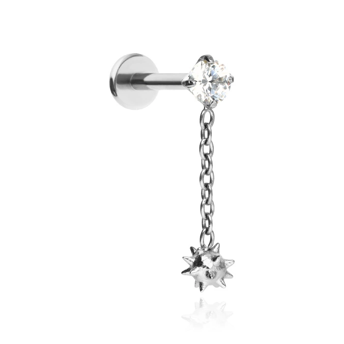 Titanium labret with white cubic zirconias and chains - silver