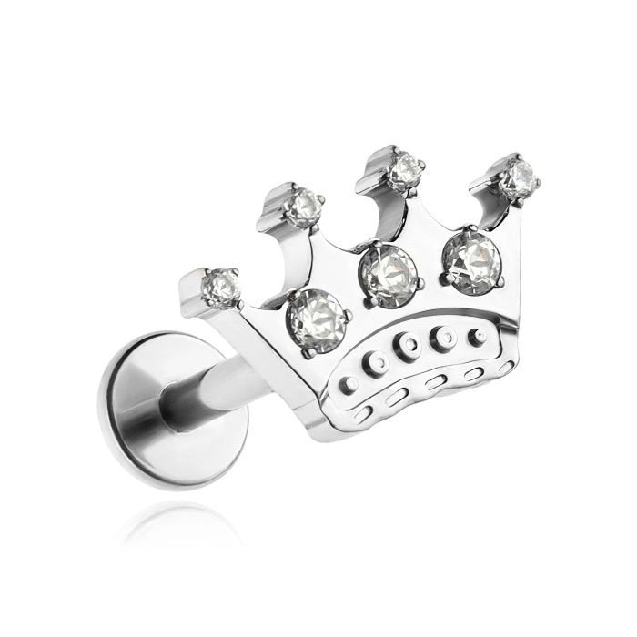 Titanium labret earring crown with white zirconias - silver - TGW-146