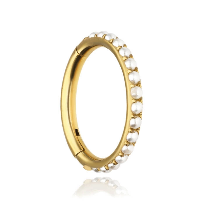 Titanium piercing ring clicker with white beads - gold - TK-024