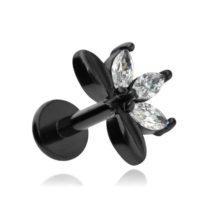 Labret flower with white zircons - black - LGW-051