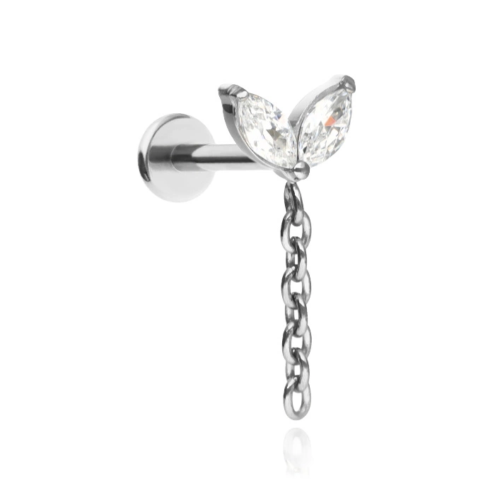 Titanium labret with white cubic zirconias and chains - silver