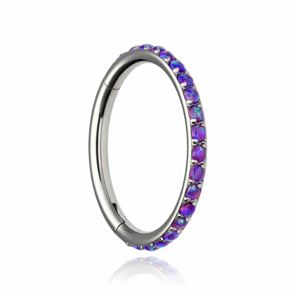 Titanium piercing ring clicker with purple opal OP52 - silver - TK-035