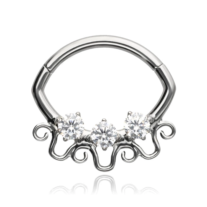 Titanium piercing clicker with white zircons - silver - TK-094