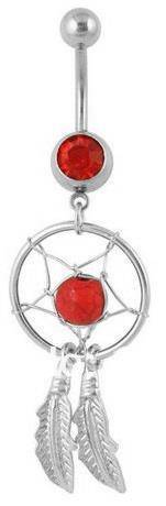 Dream catcher Belly button ring with red zirconia - KP-017-2