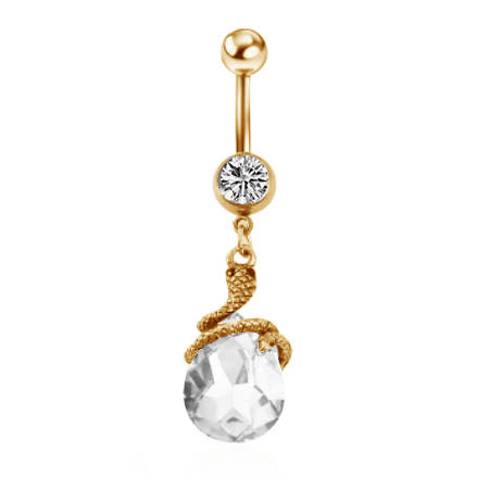 Gold snake Belly button ring with white crystal - KP-063