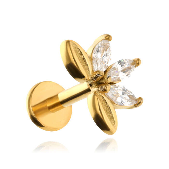 Labret flower with white zircons - gold - LGW-051