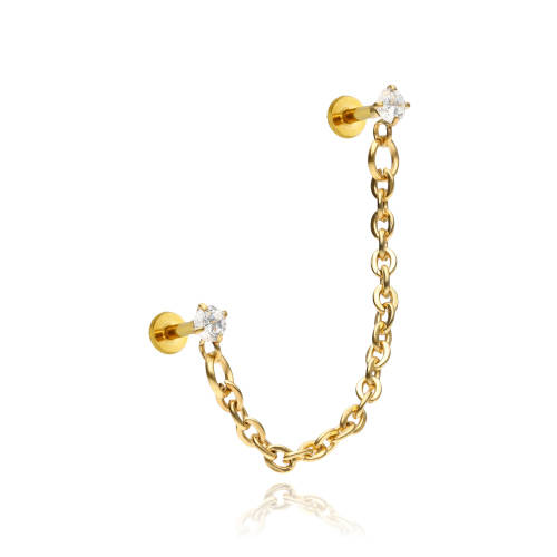 Labret zirconia earring with chain - gold - LGW-043
