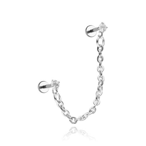 Labret zirconia earring with chain - sterling silver - LGW-043