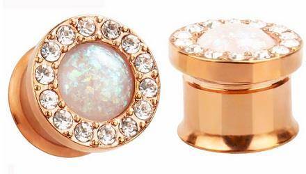 Rose gold colored plug with opal and zirconia - PT-076