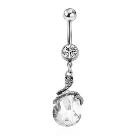 Silver Belly button ring snake with white crystal - KP-063