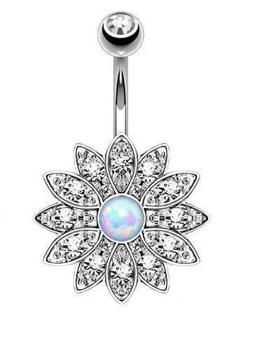 Silver opal flower navel earring - KP-040