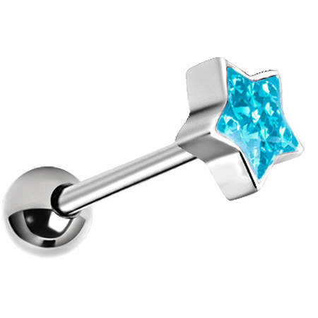 Silver star tongue earring with blue crystals - KJ-007