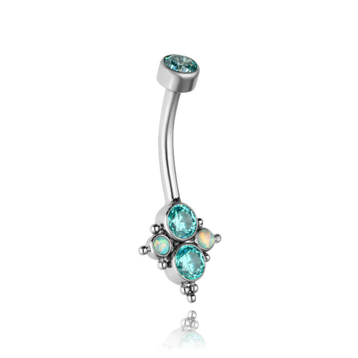 Titanium belly button ring with sea zircons and opal - TPP-026