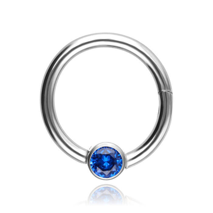 Titanium piercing ring BCR clicker with dark blue zirconia - sterling silver - TK-080
