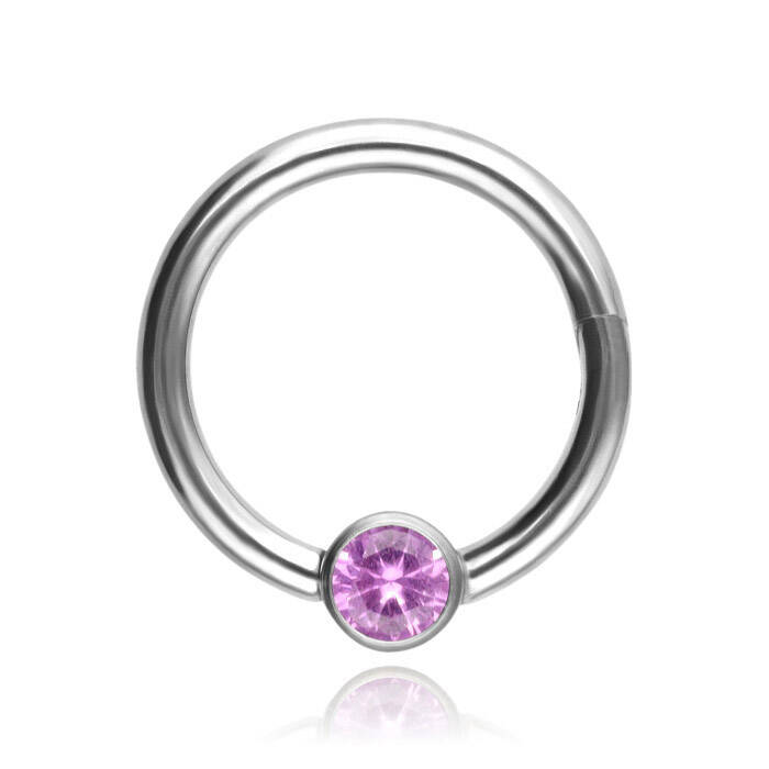 Titanium piercing ring BCR clicker with pink zirconia - silver - TK-080