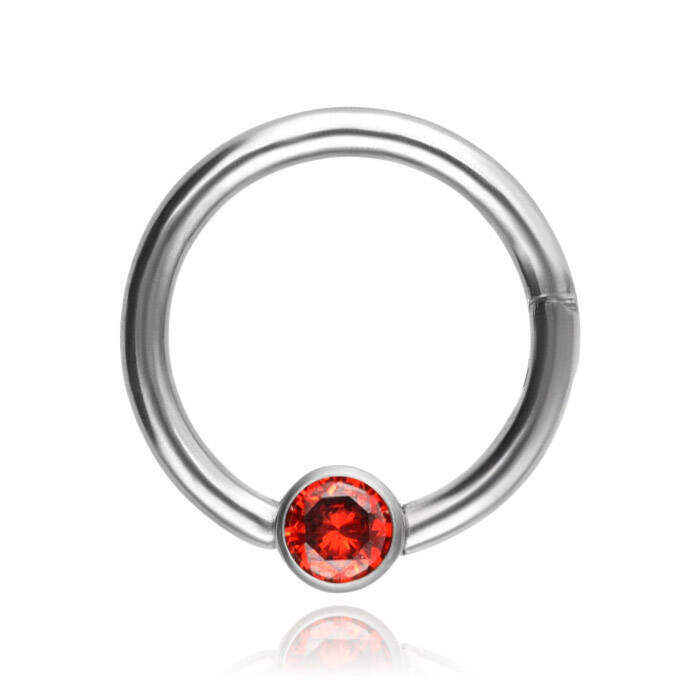 Titanium piercing ring BCR clicker with red zirconia - silver - TK-080