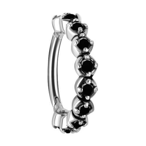 Clicker hoop ring with black zircons - silver - K-006