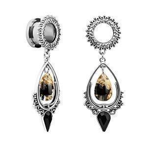 Decorative long tunnel with black and gold beads and black zirconia - PT-062