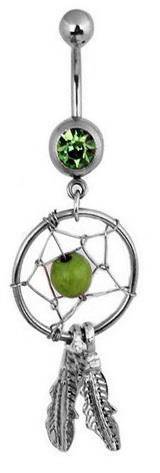 Dream catcher Belly button ring with green zirconia - KP-017-5