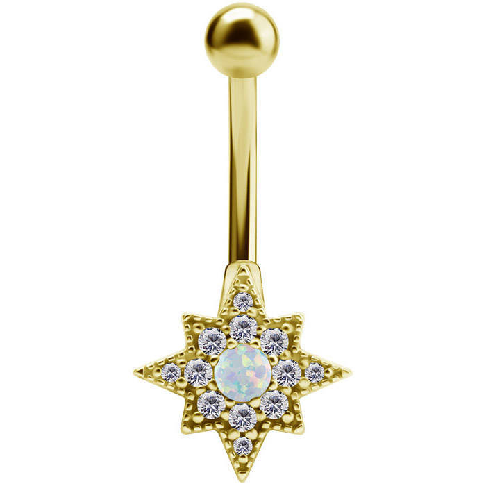 Gold Belly button ring with white opal - KP-026