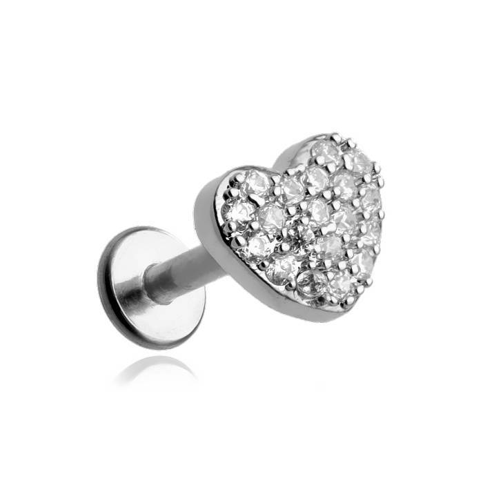 Labret earring - silver heart with white crystals - LGW-008