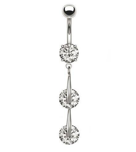 Long silver Belly button ring with white zirconia - KP-030