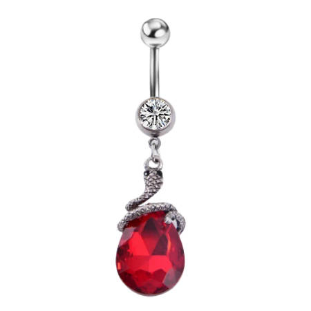 Silver Belly button ring snake with red crystal - KP-063