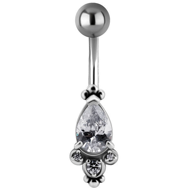 Silver Belly button ring with zircons - KP-006