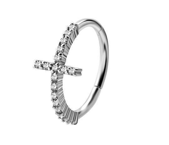 Silver decorative clicker circle earring - cross - K-014
